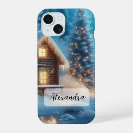 Frozen River, Gezellige cabine, Sneeuw, Pine Trees iPhone 15 Case