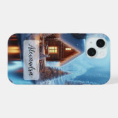 Frozen River Kerstbomen Lantaarns Gezellige Cabin iPhone 15 Case (Achterkant horizontaal)