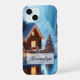 Frozen River Kerstbomen Lantaarns Gezellige Cabin iPhone 15 Case