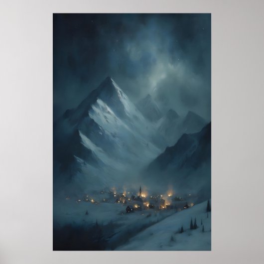 Frozen Snowy Mountain Village Under Snowy Twilight Poster (Voorkant)