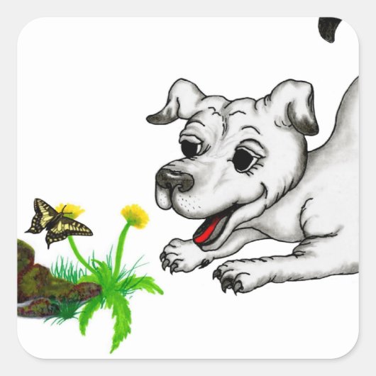 Frühlingserwachen, Welpe mit Schmetterling Vierkante Sticker (Voorkant)