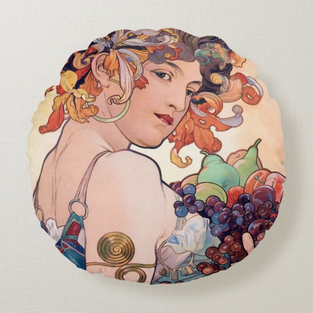 Fruit, Alphonse Mucha Worpkussen Rond Kussen (Voorkant)