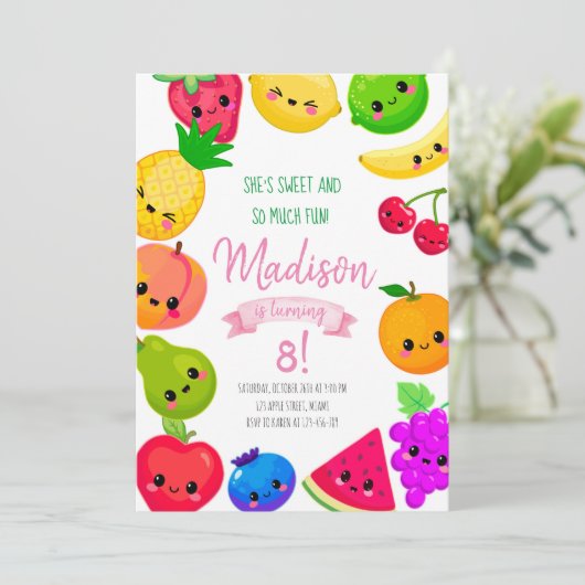 Fruit Birthday Invitation, Tutti Frutti Invitation Kaart (Staand voorkant)