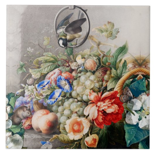 FRUIT, BLOEMEN, DRUIVEN, PERZIKEN EN KLEINE VOGELS TEGELTJE (Voorkant)