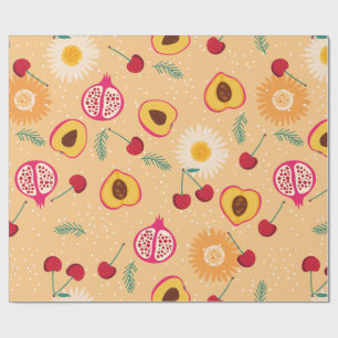 Fruit Bloemenkersen Granaatappel perzik Daisy Cadeaupapier