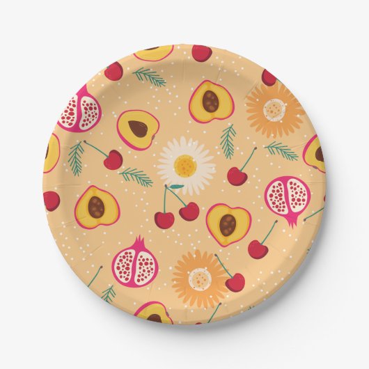 Fruit Bloemenkersen Granaatappel perzik Daisy Papieren Bordje (Voorkant)