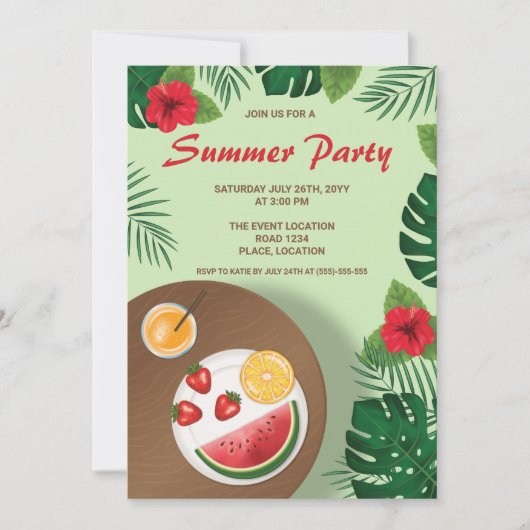 Fruit Bord en tropische groene Planten Zomerfeest Kaart (Voorkant)