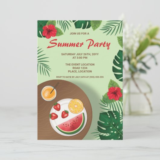 Fruit Bord en tropische groene Planten Zomerfeest Kaart (Staand voorkant)