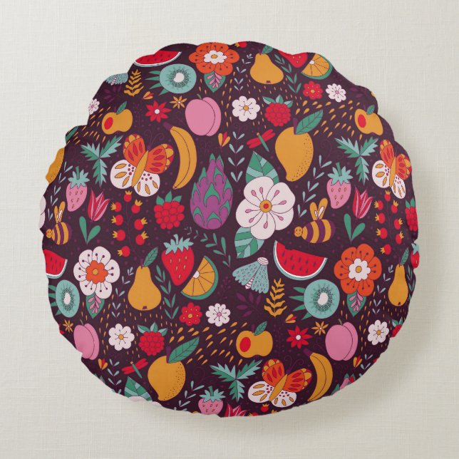 Fruit doodles, handgetekende zomerdecor. rond kussen (Voorkant)