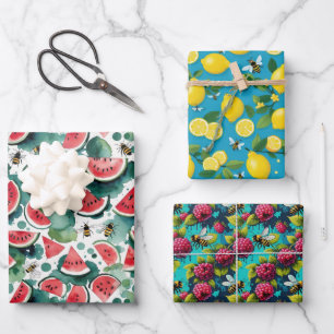 Fruit en bijen Watermeloen Citroenen & Frambozen Inpakpapier Vel