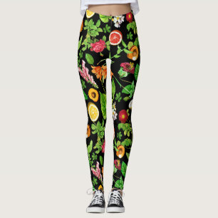 Fruit En Blad Patroon Op Zwart Leggings