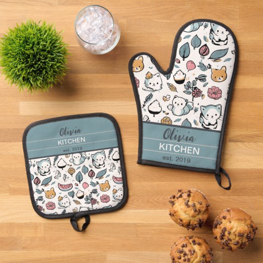 Fruit en katten ovenwant & pannenlap set (Top down)