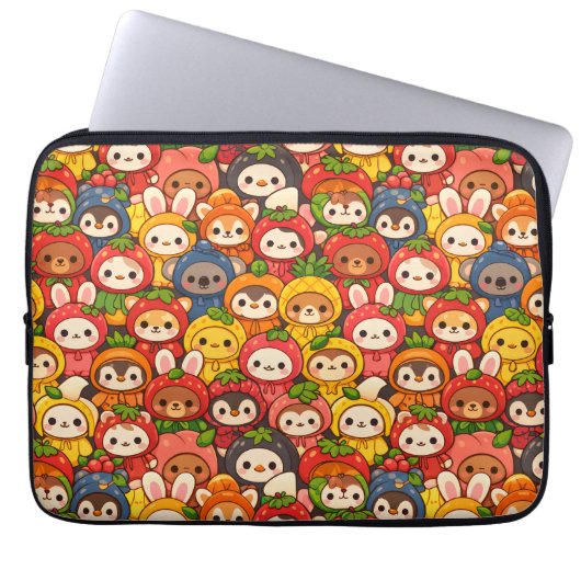 Fruit Friends Parade | Cute Animal Chibi Laptop Sleeve (Voorkant)