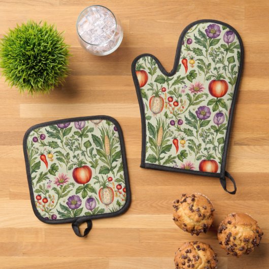 Fruit, groenten, bloemen ovenwant & pannenlap set (Top down)