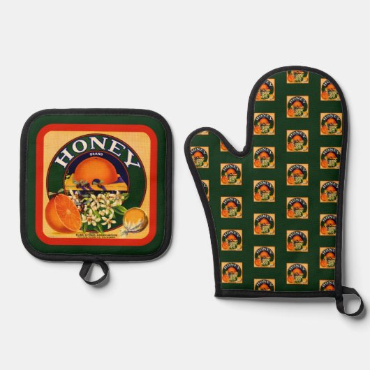 Fruit Label Sinaasappels op Groen Ovenwant & Pannenlap Set (Voorkant)