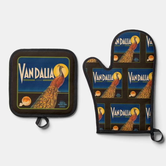 Fruit Label Sinaasappels op zwart Ovenwant & Pannenlap Set (Voorkant)