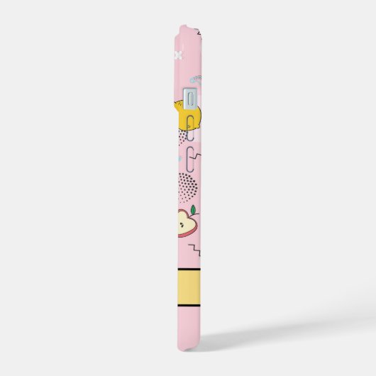 Fruit Memphis Patroon Roze iPhone 15 Case (Linkerkant)