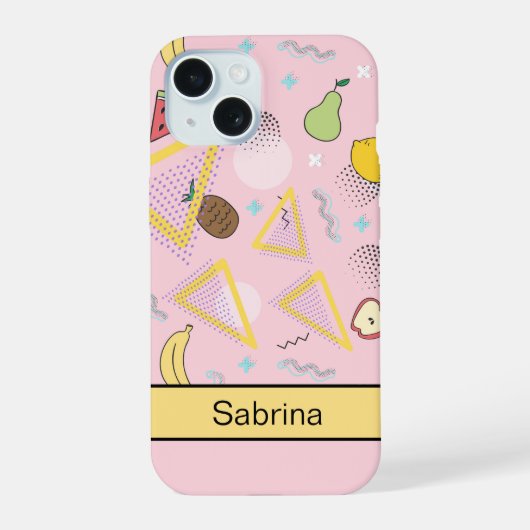 Fruit Memphis Patroon Roze iPhone 15 Case (Achterkant)