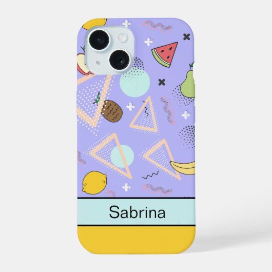 Fruit Memphis Pattern Paarse iPhone 15 Case (Achterkant)