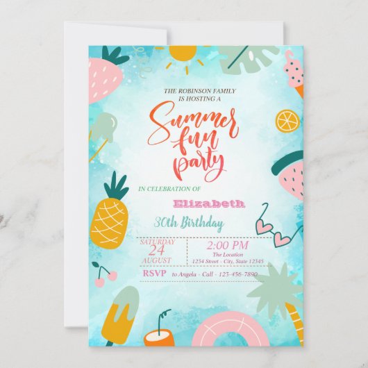 Fruit, Palm Leaf Pool Summer Birthday Party Kaart (Voorkant)
