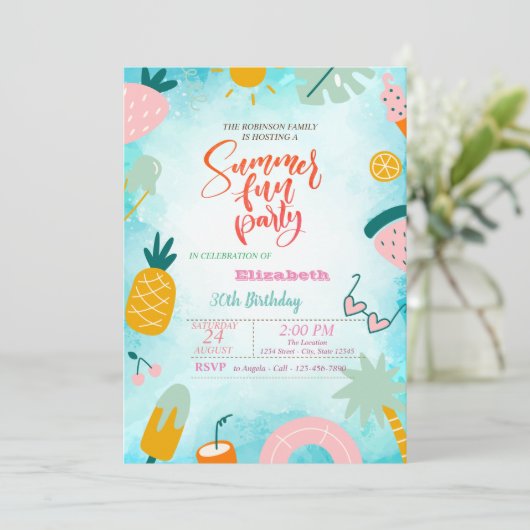 Fruit, Palm Leaf Pool Summer Birthday Party Kaart (Staand voorkant)