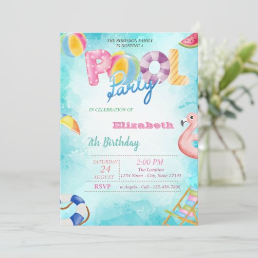 Fruit, Palm Leaf Pool Summer Birthday Party Kaart (Staand voorkant)