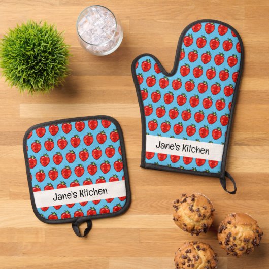 Fruit rode aardbei (naam) ovenwant & pannenlap set (Top down)