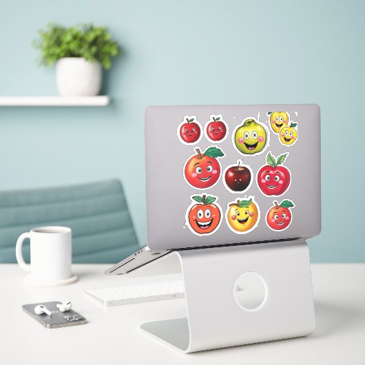 Fruit Stickers en vrolijke emoji rode appel (Laptop op bureau)