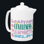 Fruit van de gedistilleerde theepot<br><div class="desc">Een mooie typografische vormingsplaat met de lijst van de vruchten van de Heilige Geest van Galations 5:22-23 in zachte kleuren,  voorzien van vlinders en florale details. Overeenkomende mok beschikbaar!</div>
