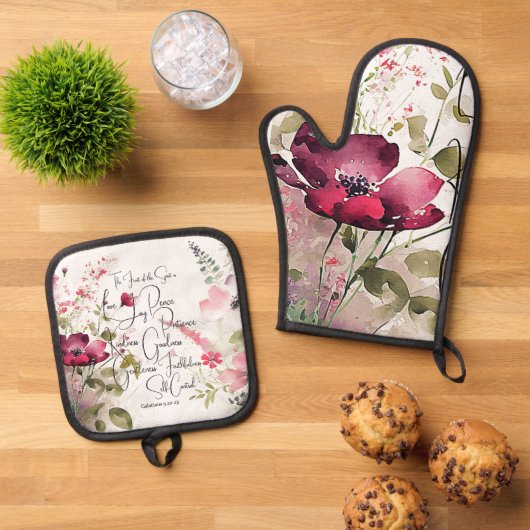 Fruit van de Spirit roze bloemig Ovenwant & Pannenlap Set (Top down)