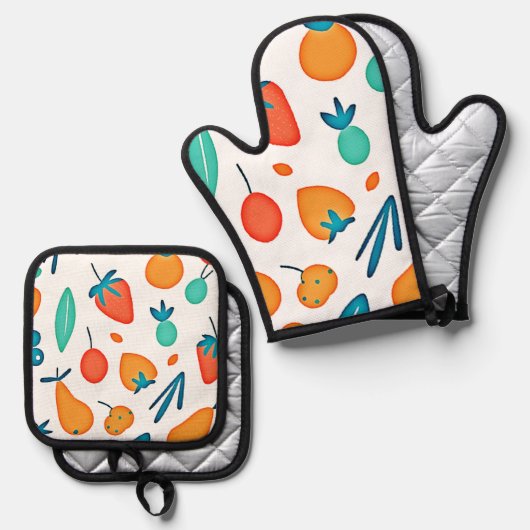 Fruit Whimsy: speels patroon Ovenwant & Pannenlap Set (Voorkant / Achterkant)