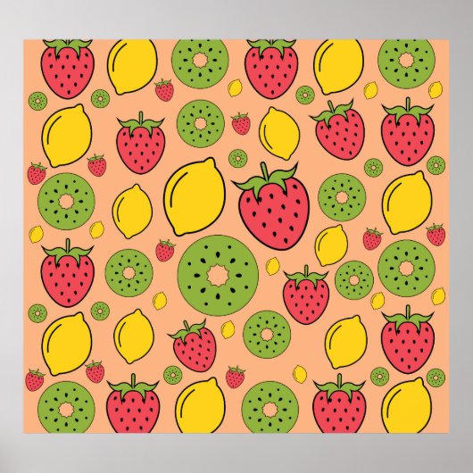 Fruitig behang: aardbeien, citroenen, kiwi's. poster (Voorkant)