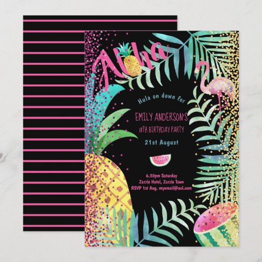 Fruitig Tropisch Verjaardagsfeestje  Uitnodigt Fla Kaart (Voorkant / Achterkant)