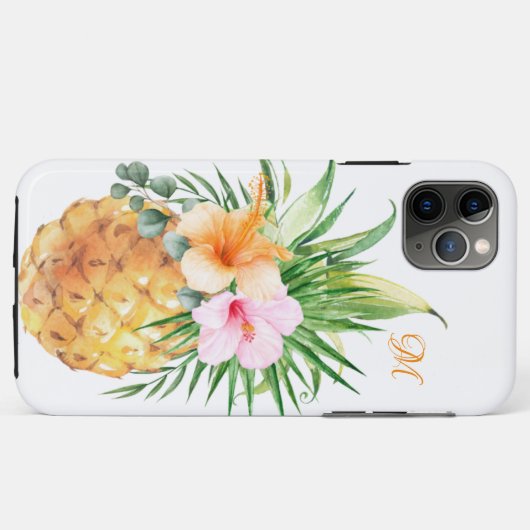 Fruitige Bloemenananas en Hibiscus met Monogram Case-Mate iPhone Case (Achterkant (horizontaal))