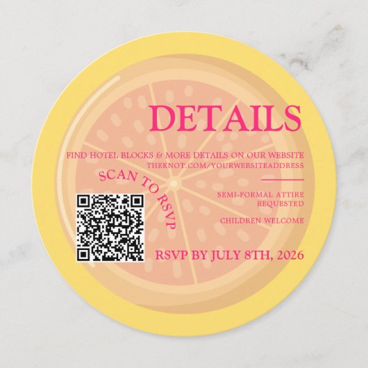 Fruitige, kleurrijke citrus bruiloft detail insert feestdagenkaart (Voorkant)