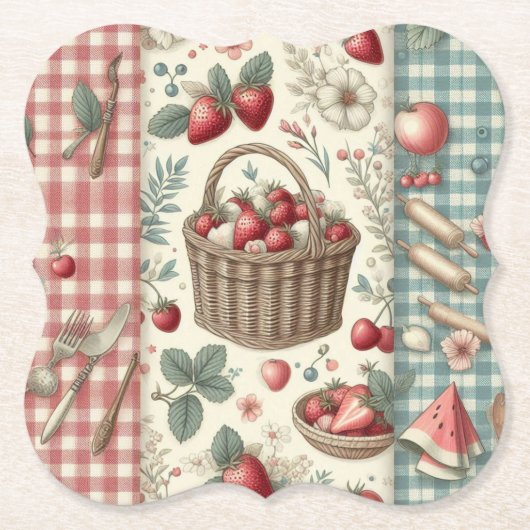 Fruitmand Gingham Plezier Kartonnen Onderzetters (Voorkant)