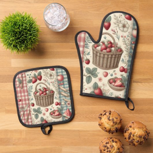 Fruitmand Gingham Plezier Ovenwant & Pannenlap Set (Top down)