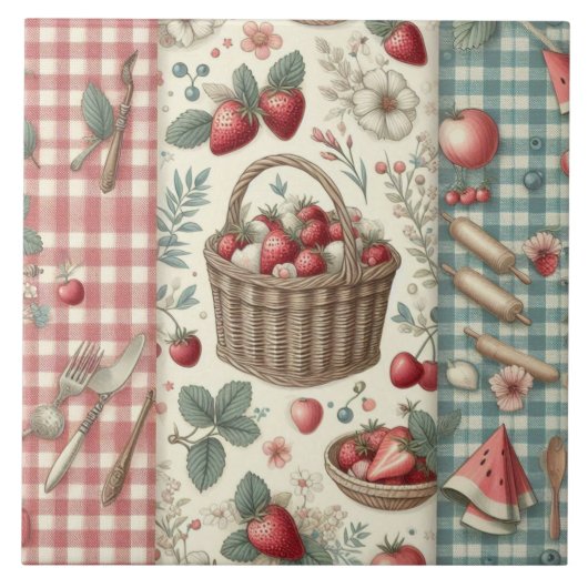 Fruitmand Gingham Plezier Tegeltje (Voorkant)