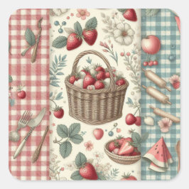 Fruitmand Gingham Plezier Vierkante Sticker