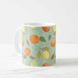 Fruitpatroon met citroenen, sinaasappels koffiemok