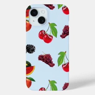 fruitpatroon op blauwe achtergrond iPhone 15 case