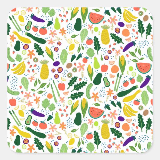 Fruits & Veggies Voedsel Illustratie Patroon Cute Vierkante Sticker (Voorkant)