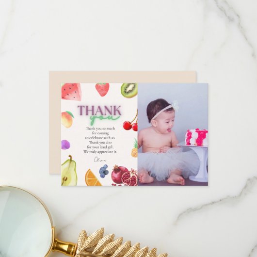 Fruitthema 2e verjaardag bedankkaart (Voorkant / Achterkant in situ)