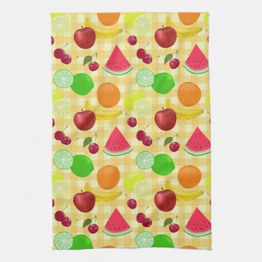 Fruity fruits Yellow Gingham Checkute Theedoek (Verticaal)