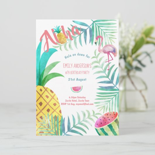 Fruity Tropical Birthday Party nodigt Flamingo uit Kaart (Staand voorkant)