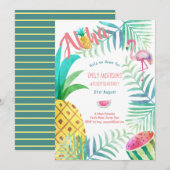 Fruity Tropical Birthday Party nodigt Flamingo uit Kaart (Voorkant / Achterkant)