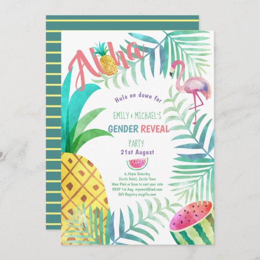 Fruity Tropical GENDER REVEAL nodigt Flamingo uit Kaart (Voorkant / Achterkant)