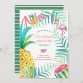 Fruity Tropical Graduation Party nodigt Flamingo u Kaart (Voorkant / Achterkant)