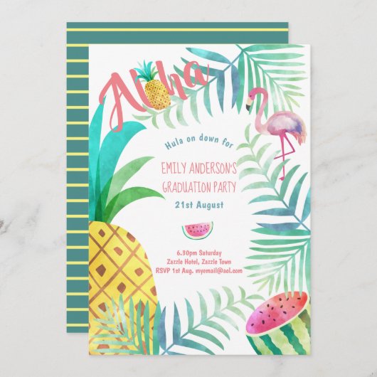 Fruity Tropical Graduation Party nodigt Flamingo u Kaart (Voorkant / Achterkant)