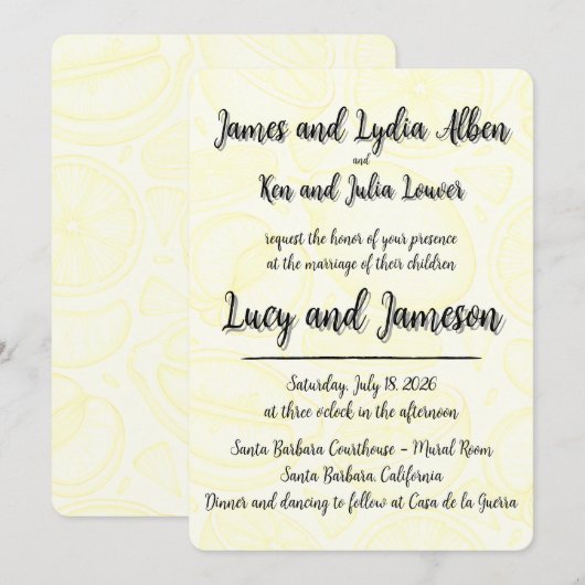 Fruity yellow citrus formal wedding invitation kaart (Voorkant / Achterkant)